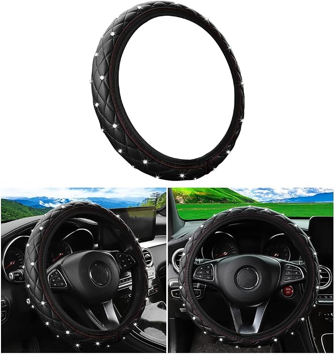 Bling Car Steering Wheel Cover, Non-Slip Elastic Stretch Leather Auto Steering Wheel Protector, Sparkling Diamond Vehicle Decor Accessories for Women Girls, Universal for Vehicles (Black)