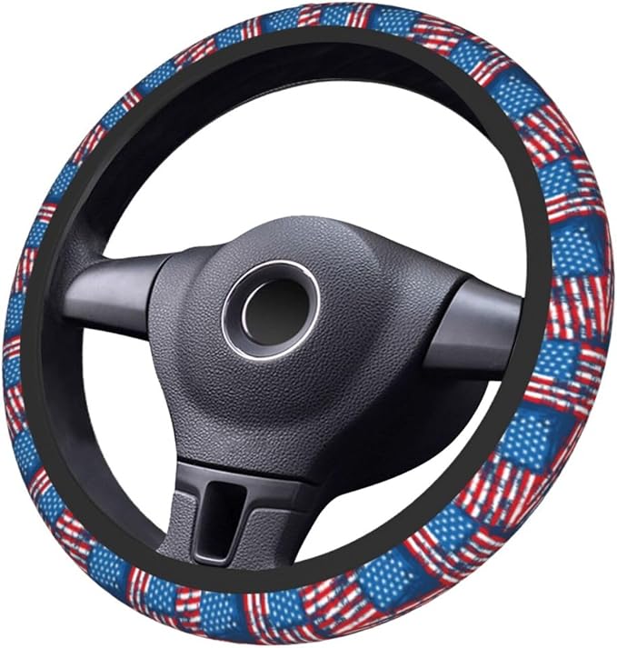 Blue American Flag Patriotism Steering Wheel Cover Car Accessories Cute for Women Girls Girly Universal 15 Inch Neoprene Auto Interior Decor Anti Slip Car Truck Protector