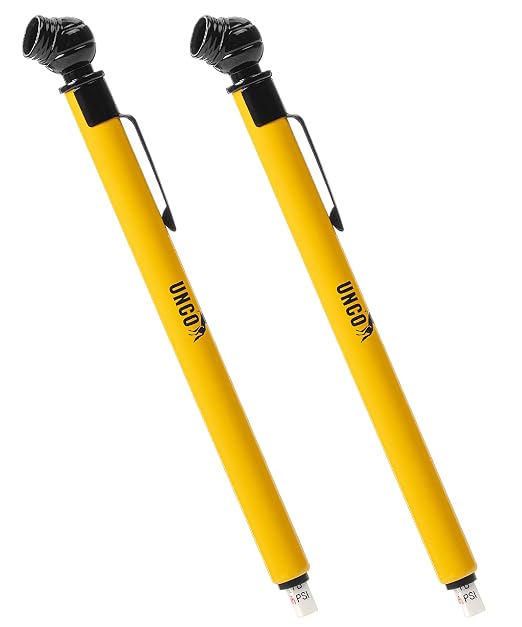 Pencil Tire Pressure Gauge, 2 Pack, 10-75 PSI, Yellow, Stainless Steel Body, Metal Made Nozzle, Rust and Corrosion Resistant, Pencil Air Pressure Gauge for Tires, 3 Measurements for Cars, Bikes