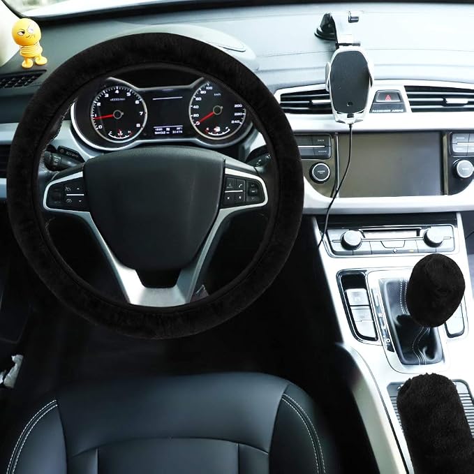 Fluffy Steering Wheel Cover for Women Girls, Universal Fit 15 inch Fur Car Wheel Cover & Handbrake Cover & Gear Shift Cover Set, Fashion Winter Warm Fuzzy Vehicle Wheel Protector (Black)