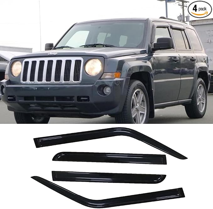 Side Window Visors Wind Vent Deflector fit for 2007-2018 Jeep Patriot, 4pcs Out-Channel Tape-On Dark Smoke Nice Shade Sun Rain Guards Set 94359