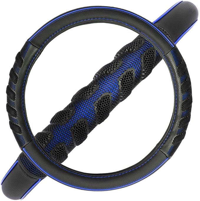 car Steering Wheel Cover Faux Leather Massage Universal fit 3D Honeycomb Hole Anti-Slip Sporty 15 Inches (Blue Black)