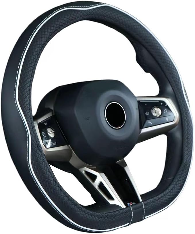 Flat Bottom Steering Wheel Cover Anti-Slip,Safety,Soft,Breathable,Durable,Full Surround,Comfortable Grip Microfiber Leather (D Shape, Black White)