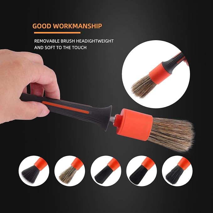 Car Detailing Brush Set, 5 Pack V2.0 Soft Boar Hair Auto Detail Brush Kit with Drill Adapter, for Automotive Interior Exterior Dashboard Engine Bay Seat Leather, Can be Used in Electric Drills