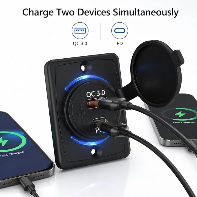 48W Dual USB Car Charger, QC3.0 & PD Fast Charging with LED Light Ring for Cars, RVs, Buses, Trucks – 12V-24V Vehicle USB Adapter