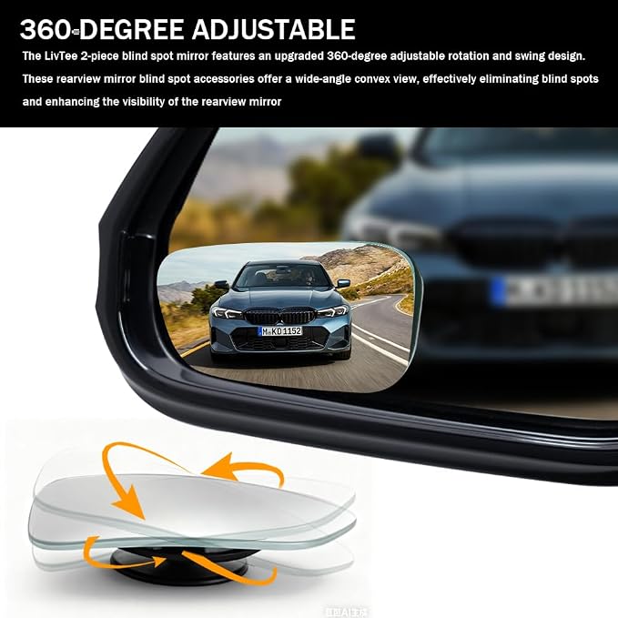 2PCS Blind Spot Convex Car Mirror, Convex Rear View Mirrors, Side View Mirror Blindspot with Wide Angle Adjustable Stick, 360 Degree Adjustabe HD Glass Blind Spot Mirrors for SUV and Trucks