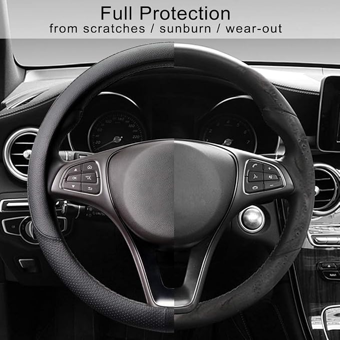 Breathable Car Steering Wheel Cover 15 inch Auto Universal Leather Wrap Non-Slip Steeringwheel Protector Automotive Interior Accessories, Black (Suit for 14 1/2-15 inch)