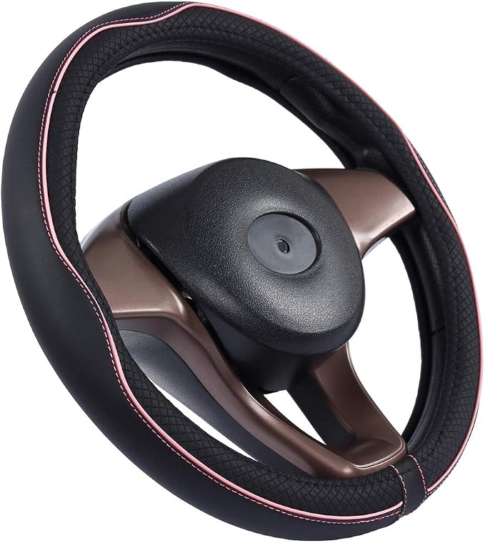Large Size Steering Wheel Cover Anti-Slip,Safety,Soft,Breathable,Durable,Full Surround,Comfortable Grip Microfiber Leather (15.5-16 inch, Black Pink)