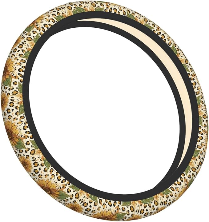 Sunflower Leopard Print Steering Wheel Cover, 15 Inch Universal Fit Neoprene Car Protector, Anti-Slip & Durable Auto Interior Accessory for Men and Women