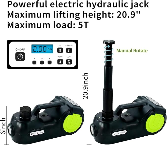 Electric Car Jack Kit 5Ton 12V Hydraulic (Lifting Range: 6.1-20.86 inch) with Impact Wrench & Inflator for Car SUV Sedan MPV with LCD & Tire Pressure Display