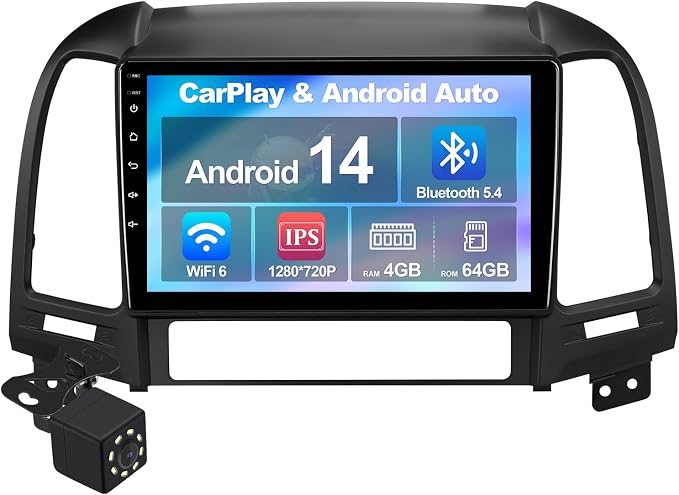 4+64G 9-inch Android 14 Car Stereo for Hyundai Santa Fe 2006-2012 IPS Touchscreen Screen Car Radio with Carplay & Android Auto Support Backup Camera GPS FM Navi BT SWC