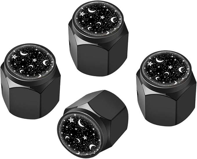 Tire Valve Stem Caps Cover,4 Pcs Metal Black Air Valve Cap, Aluminum Car Wheel Stem Caps,Universal Stem Covers for Cars,Trucks,Bikes,Motorcycles,Corrosion Resistant (Moon Star)