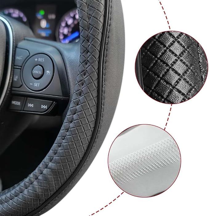 Car Steering Wheel Cover, Durable Leather Cover with Anti-Slip Lining, Breathable Auto Wheel Cover Protector, Universal 15 Inch Anti-Slip Steering Wheels for Men & Women (Black)