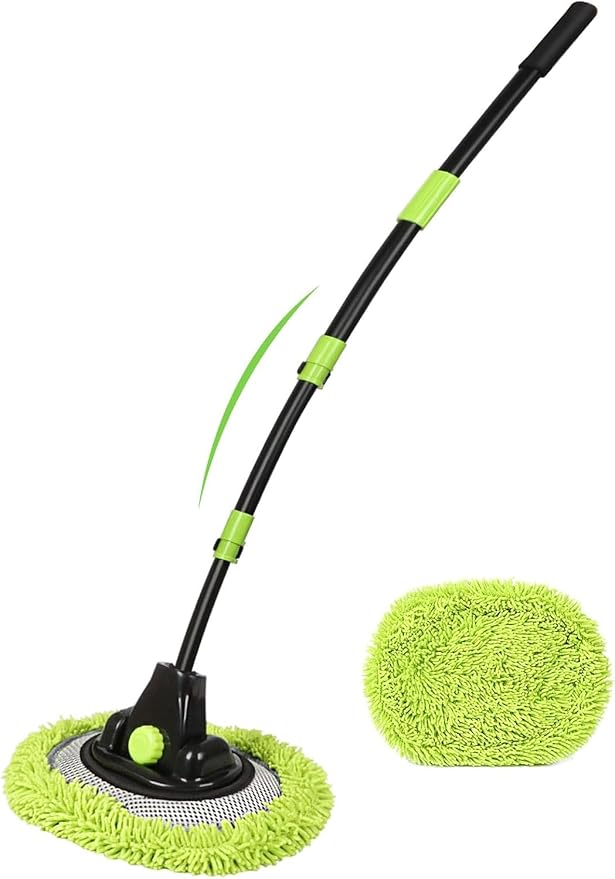 57'' Car Wash Brush with Long Handle Chenille Microfiber Car Wash Kit Mitt Retractable Bent Pole Car Wash Mop for Cars RV Truck Boat (Green-2)