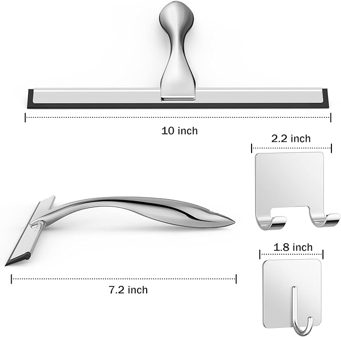 All-Purpose Stainless Steel Shower Squeegee for Shower Glass Door with 2 Adhesive Hooks, Bathroom Cleaner Tool Household Window Mirror Squeegee, Cleaning Tile Wall, Car, 10 Inch Silver