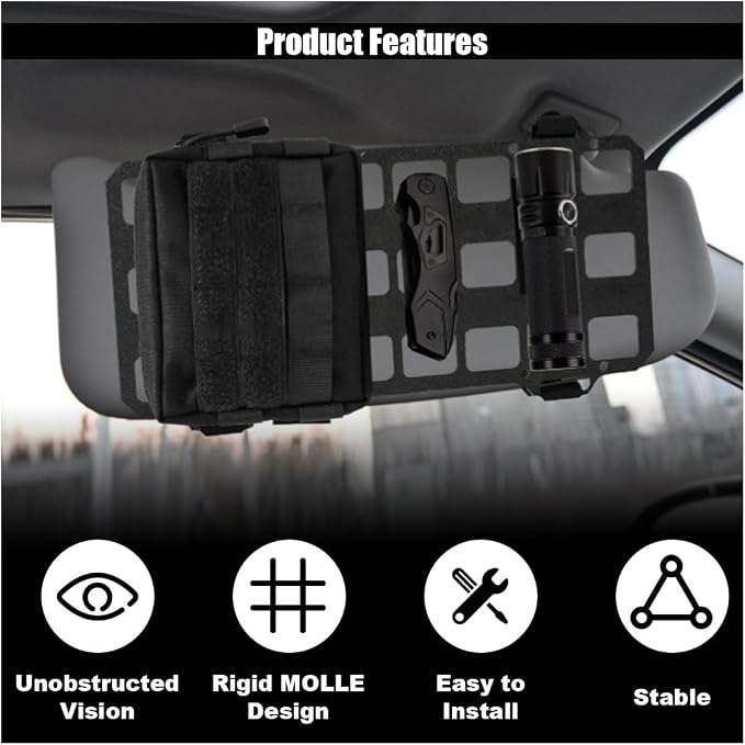 Vehicle Rigid MOLLE Panel, Tactical Gear Car Sun Visor Organizer, EDC Pouch Tool Holster, Storage Holder Visor for Truck Equipment Mount Plate Modular Storage Shelf (Visor Panel)