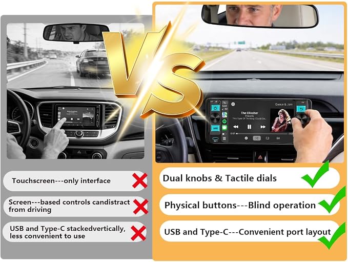 Single Din Car Stereo – Dual Knob Touchscreen Radio with Wireless Apple CarPlay & Android Auto Upgrade Your Classic Car with Easy Installation, Backup Camera Ready, Bluetooth, GPS, FM/AM, USB, EQ