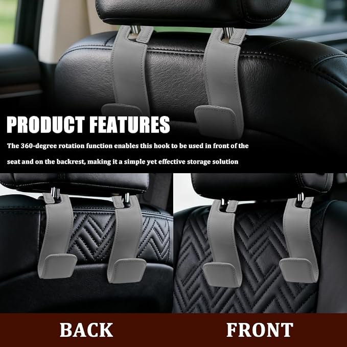 Car Seat Headrest Hooks, Purse Hook for Car, Automotive Headrest Handbags Holder, Auto Accessories Leather Seatback Organizer Hanger for Hanging Purses Bags Coats (Gray, 1PCS)