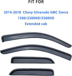Window Visors Rain Guards for 2014-2018 Chevrolet(Chevy) Silverado & GMC Sierra 1500/2500HD/3500HD Extended Cab, Tape On Outside Mount Wind Deflectors Vent Shades Dark Smoke, 4PCS Set