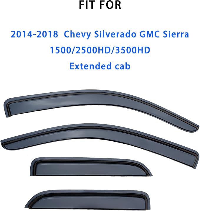 Window Visors Rain Guards for 2014-2018 Chevrolet(Chevy) Silverado & GMC Sierra 1500/2500HD/3500HD Extended Cab, Tape On Outside Mount Wind Deflectors Vent Shades Dark Smoke, 4PCS Set