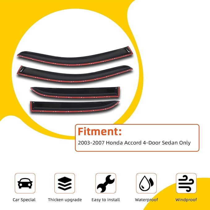 4pcs Window Visors Compatible with 2003-2007 Honda Accord 4-Door Sedan Front+Rear Sun/Rain Guard Wind Deflector Vent Outside Mount