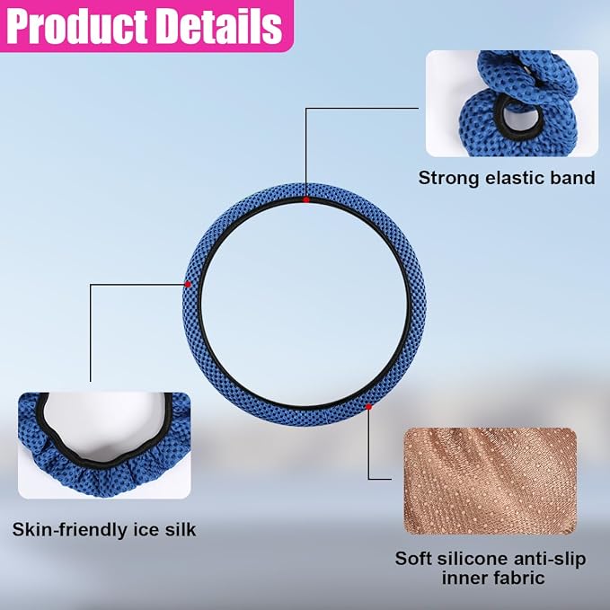 Elastic Stretch Steering Wheel Cover, Anti-Slip, 15inch, Blue | Microfiber Odorless Breathable Ice Silk Car Steering Wheel Protector, Easy Carry, Warm in Winter & Cool in Summer