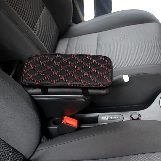 Car Leather Center Console Cushion Pad, 11.4"x7.4" Waterproof Armrest Seat Box Cover Fit for Cars, Vehicles, SUVs, Comfort, Car Interior Protection Accessories (Black/Red-2)