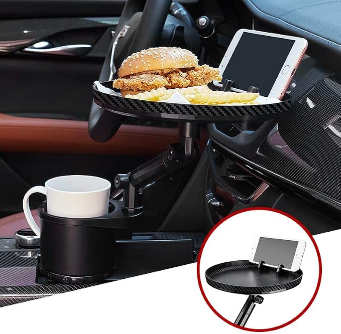 9" Car Cup Holder Tray, Detachable Food Tray Table for Road Trip | Fits Yeti & Hydro Flask, 360° Adjustable, Universal Cup Holder Expander, ABS Build, Phone Slot, Easy Install