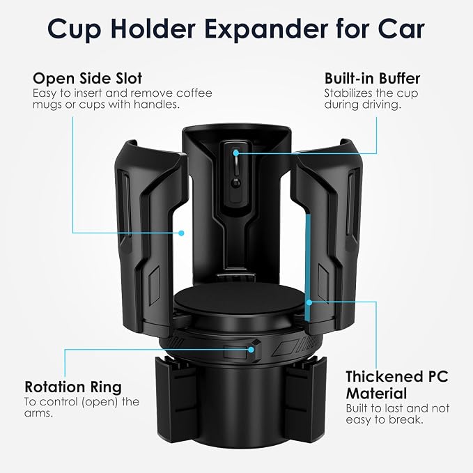Car Cup Holder Expander: One-Button Open, Universal, Adjustable Holder(Diameter 2.6"- 4.8"), Cup Holder Expander for Yeti, Hydro Flask, Nalgene, Takeya, Camelbak, Ramblers, Owala, Tumblers, Mugs