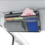 Car Sun Visor Organizer - Glasses Case, Note Holder, Suede Zipper, Card Holder - Gray