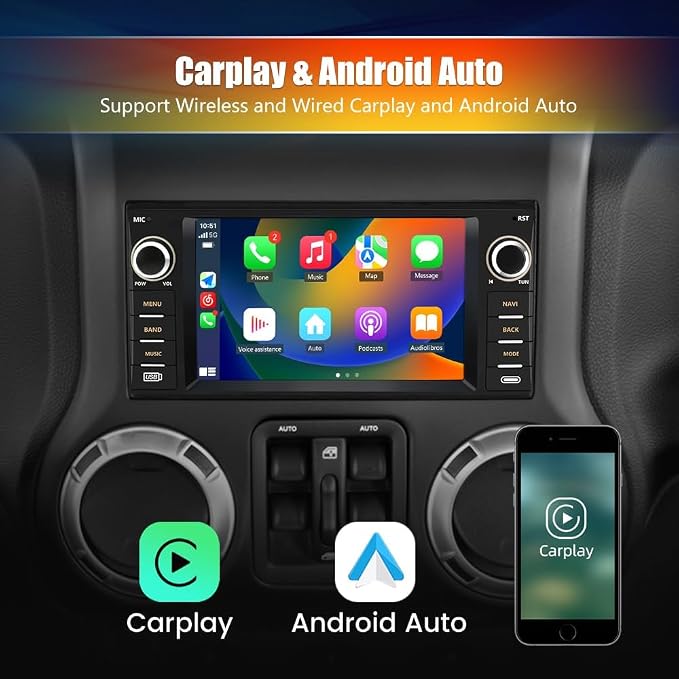 Car Radio Stereo for Jeep Wrangler JK 2007-2018 Dodge Ram 1500 2008-2012, 7 Inch Touch Screen CarPlay Android Auto Bluetooth GPS WiFi FM with Backup Camera