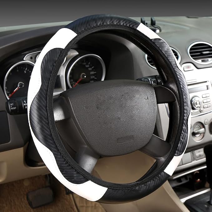 Ultra Fine Carbon Fiber Leather Steering Wheel Cover, Anti Slip and Sun Protective Protect The Steering Wheel, Easy to Install,Universal of 14.5"-15" (White)