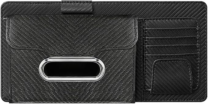 Car Sun Visor Organizer, Carbon Fiber Visor Glasses Tissue Card Holder Storage Pocket Pouch, Multifunctional Auto Sunshade Organizer Case Bag for Pens Documents Napkin, Universal Fit (Black)