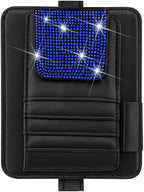Bling Car Sun Visor Organizer, Multi Pocket Crystal Rhinestone Vehicle Sunshade Card Sleeve Storage Pouch with Pen Sunglass Holder, Auto Interior Visor Organizer Pouch, Universal Fit (Blue)