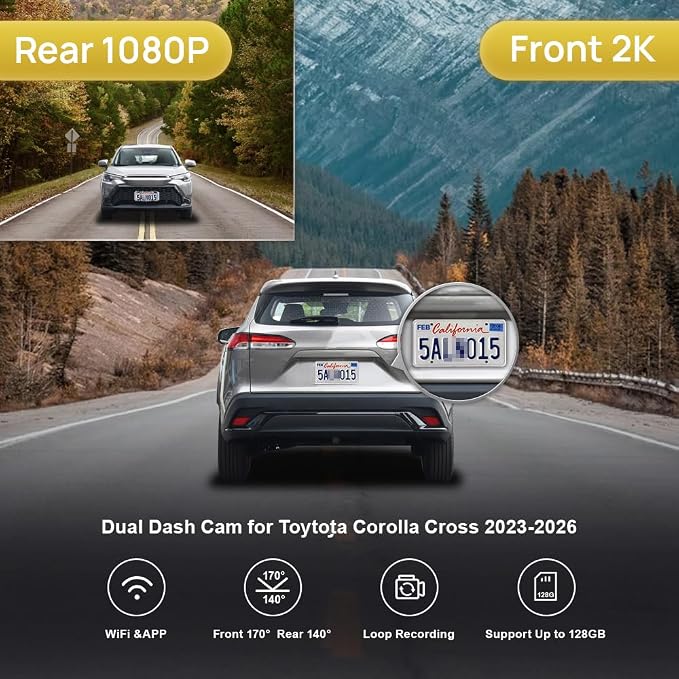 Front 2K+Rear 1080P Dash Cam Adapts for Toyota Corolla Cross 2023-2026 Hybrid (NOT Corolla), OEM Style, Dual HD Video, Built-in WiFi & APP, Loop Recording, G-Sensor, Easy to Use, 64GB Card