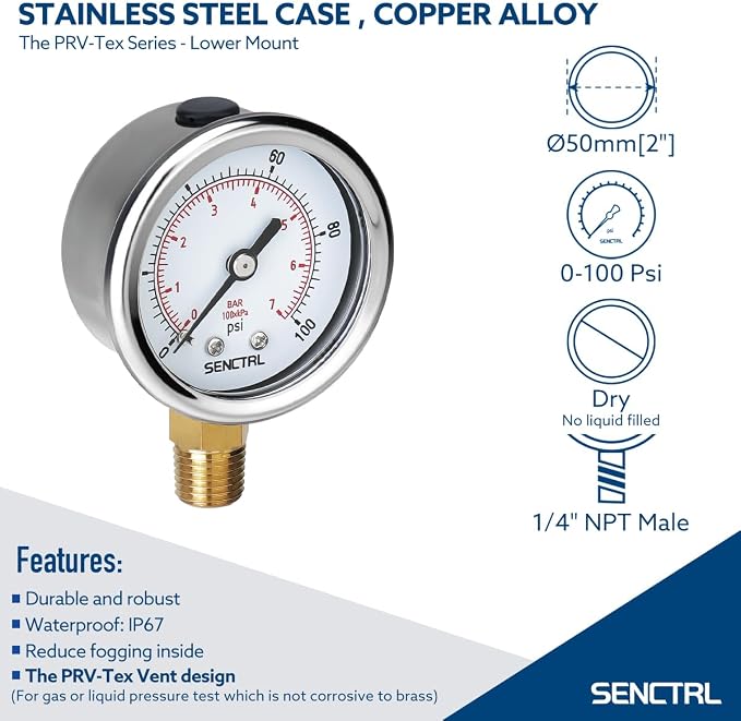0-100 Psi Pressure Gauge, 2" Dial Size, 1/4 NPT Lower Mount, Waterproof, Stainless Steel Case, for Water Filter Well Pump Air Tire Low Pressure Test