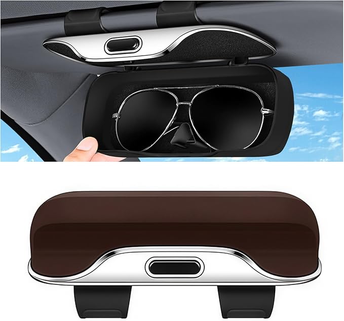 Sunglasses Holder for Car Sun Visor – Soft Vehicle Interior Glasses Organizer Box Accessories,Protective Automotive Eyeglasses Storage Case Hanger,Universal for SUV Sedan Truck (Brown)