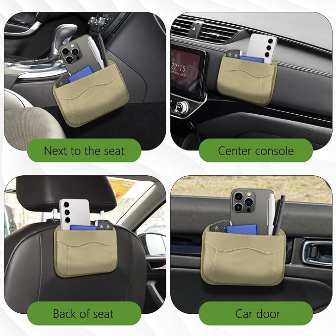 Car Seat Side Pocket Organizer, PU Leather Car Seat Gap Filler Bag, Car Seat Pocket Storage Bag for Phone, Keys, Sunglass, Wallet, Car Organizer Accessories for Seat, Door, Window (Beige)