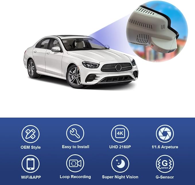 4K Dash Cam Compatible with Benz E Class 2017-2023 E300 E350 E400 E450 W213 (HD2-6105), OEM Style, UHD 2160P Video, Loop Recording, Built-in WiFi & APP, G-Sensor, Easy to Set, 64GB Card