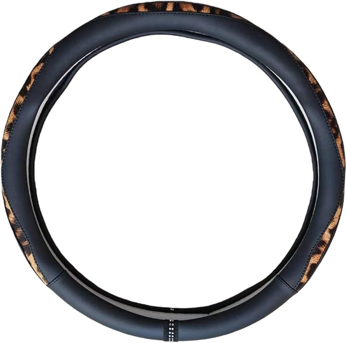 Steering Wheel Cover, Made with Breathable Microfiber Leather and Leopard Fabric, Universal 14.5-15 inchs for Most Automotive Steering Wheel,Cheetah Print, Black