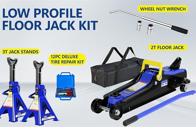 5 Piece Car Truck Floor Jack Service, Hydraulic Trolley Floor Jack & Jack Stands & Tire Repair Kit & L-Wrench for Garage, Automotive Shop, DIY, Lift Range 3.3"-15.2", 2 Ton/4000 LBS Capacity