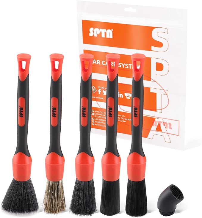 Car Detailing Brush Set, 5 Pack Soft Boar Hair Auto Detail Brush Kit with Elbow for Automotive Elegant Surface Interior Exterior Dashboard Emblems Panels Engine Bay Wheels Air Vent Seat Leather
