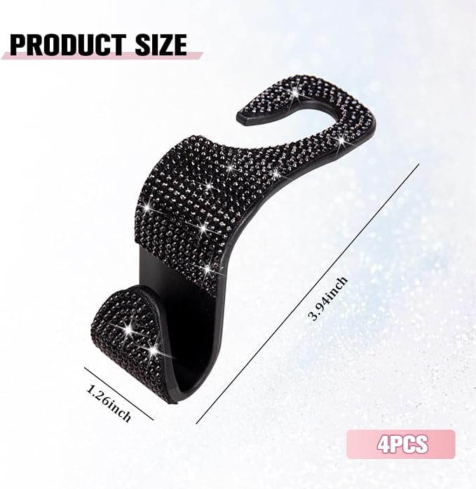 4PCS Bling Car Seat Headrest Hook, Crystal Rhinestone Backseat Hanger Organizer for Purse Handbag Umbrella, Shiny Auto Interior Seat Back Storage Holder Hook, Universal Fit (Black)