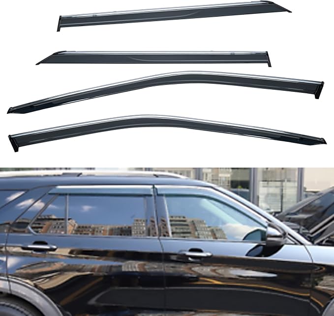 4pcs Window Visors Compatible with 2020-2025 Explorer Smoke Tint with Chrome Trim Outside Mount Tape On/Clip On Style PVC Sun Rain Guard Vent
