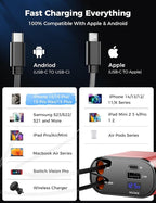 【Upgraded】 Retractable Car Charger 4 in 1, Fast Car Phone Charger with Cord 2.6ft, USB C and Apple Car Charger Adapter, Compatible with iPhone 17/16/15/15 Pro Max/14/13/12/11, Galaxy, Pixel