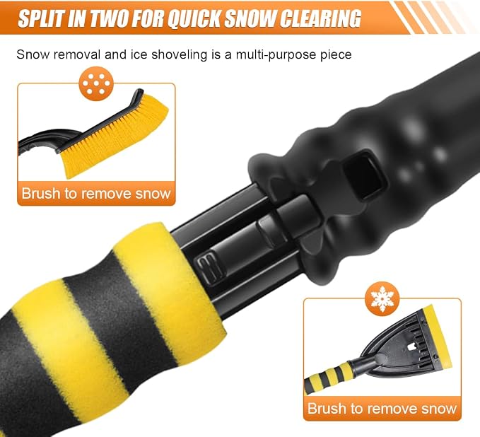 26" Snow Brush and Ice Scraper for Car Windshield – 2 in 1 Winter Snow Removal Tool with Detachable Ice Shovel – Universal Snow Scraper with Ergonomic Foam Grip, No Scratch Broom for SUV Truck(Yellow)