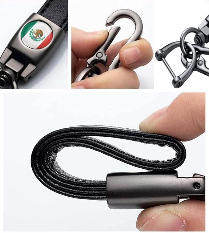 Mexico Flag Tire Valve Stem Caps and Genuine Leather Car Keychain Keyring Compatible with Mexican Flag Accessories (MFXICO)