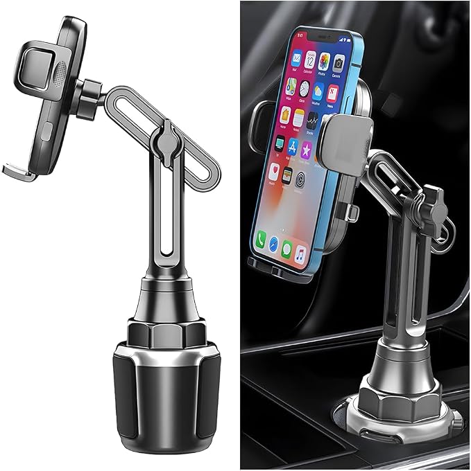 Car Cup Phone Holder, 360° Rotation Carbon Fiber Vehicle Cup Cellphone Holder with Long & Adjustable Neck, Auto Interior Smartphone Expander Mount Accessories, Universal Fit (Silver)