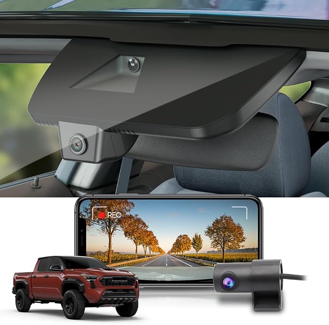 Front 2K+Rear 1080P Dash Cam Adapts for Toyota Tacoma & Hybrid 2024-2026, OEM Look, Dual HD Video, WiFi & APP, Loop Recording, Graivity Sensor, Night Vision, Easy to Operate, 64GB Card