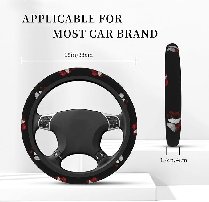 Elastic Butterfly Car Steering Wheel Cover Protector Upgrade Thicken,Red Flower Black,Anti Slip Stretchy Soft Car Interior Decor for Diverse Cars Truck SUV for Men Women Universal 15 Inch